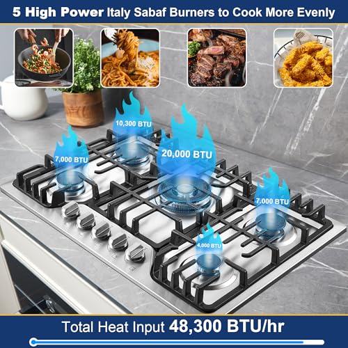 Amzgachfktch Gas Cooktop 30 Inch with 5 Italy SABAF Powerful Burners, Max 48,300 BTU/hr Gas Stove Top, Built-in 304 Stainless Steel Propane Stove, NG/LPG Convertible, CSA Certified