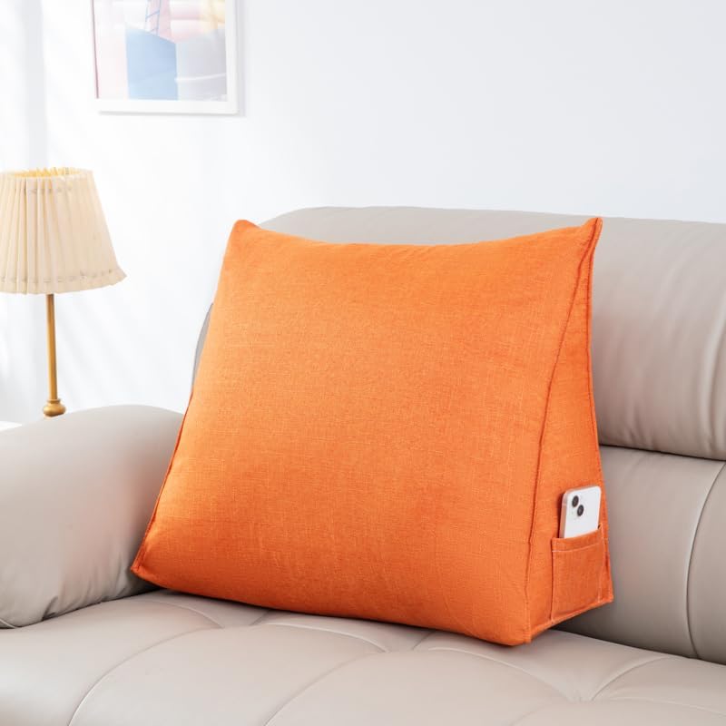Triangular Reading Pillow with Side Pocket, Linen Backrest Support Cushion for Sofa Bed, (Vitality Orange, Medium 18.5 * 15.7 * 7.1in)