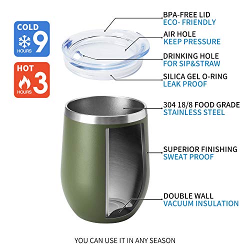 Hasle Outfitters 12Oz Wine Tumbler With Lid Stemless Wine Glasses Double Wall Vacuum Travel Mugs Stainless Steel Coffee Cup For Cold & Hot Drinks Wine Coffee Cocktails Beer 6 Pack Army Green #TOP4