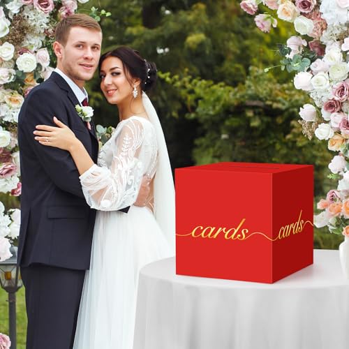 Image of Red Card Box Gold Foil Wedding Favors Gift Card Boxes Post Box Receiving Money Box Holder for Wedding Reception, Baby Showers, Anniversary, Birthday Party, Retirement, Graduation Envelope Holder