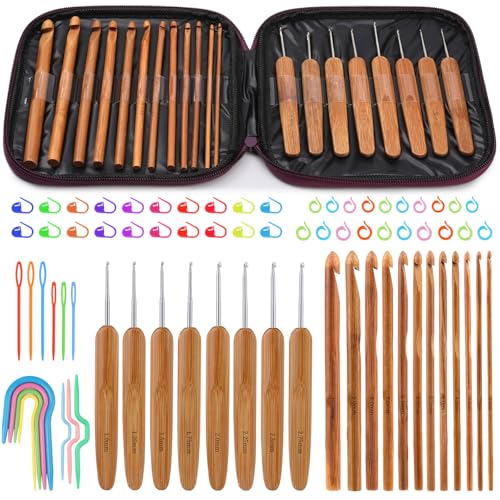 Mayboos 20 Pieces Bamboo Crochet Hooks, Crochet Hooks Kit, Knitting Needles, Lightweight, Ergonomic, Eco-Friendly, Size C to N, Silver-Plated Aluminum Hook Sizes 1.0-10.0 MM with Crochet Accessories