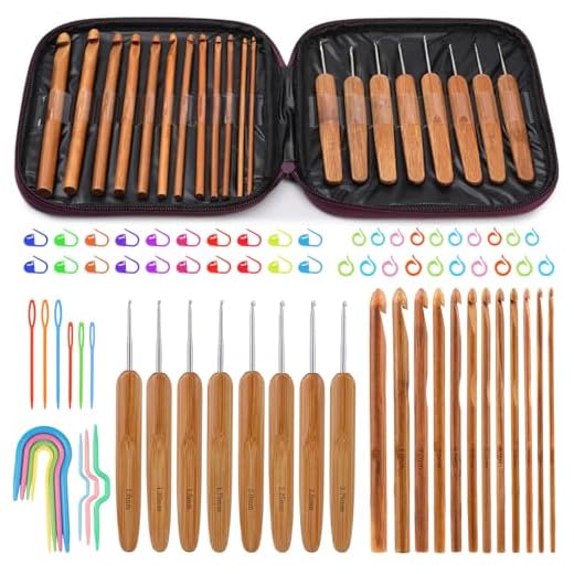 Mayboos 20 Pieces Bamboo Crochet Hooks, Crochet Hooks Kit, Knitting Needles, Lightweight, Ergonomic, Eco-Friendly, Size C to N, Silver-Plated Aluminum Hook Sizes 1.0-10.0 MM with Crochet Accessories