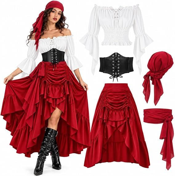 5pcs Pirate Costume Women, Halloween Costumes for Women including Pirate Top, Skirt, Corset, Belt and Scarf, Medieval Renaissance Costume for Halloween Carnival Cosplay and Fancy Dress