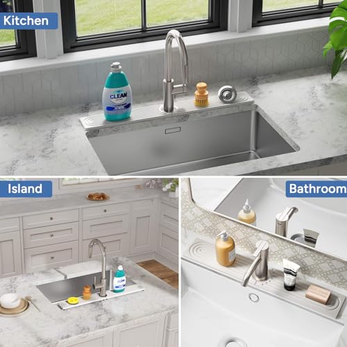 AOWVUTS Alfombrilla de Grifo para Fregadero Cocina, 60x10cm Protector Salpicaduras de Diatomea, Protector contra Mueble Fregadero Absorbente para Encimeras y Baños Mango de Grifo Alrededor (Blanco) - imagen 2