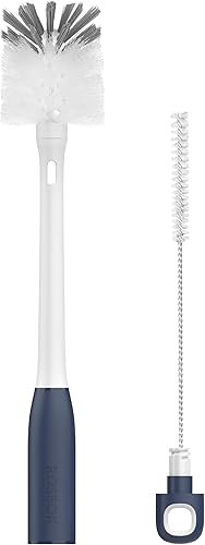 Cepillo 2 en 1 para botella de mango largo con cepillo para popote para limpiar vidrio, botella deportiva, taza de café, azul marino, 1 paquete