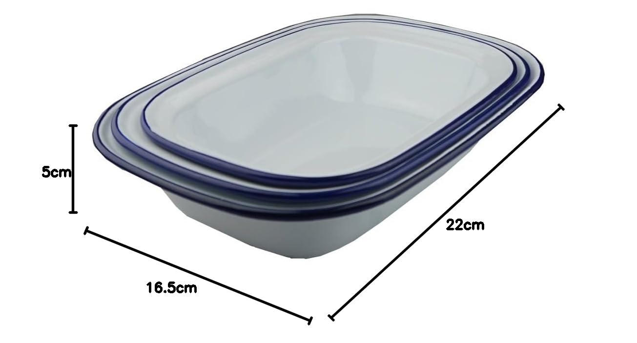 Falcon Lot de 3 plats à tarte en émail style shabby chic vintage – Blanc avec bord bleu – Lot de 3 (oblongs – 18/20/22 cm)