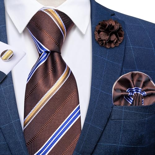 Image of DiBanGu Silk Ties for Men Necktie and Lapel Pin Brooch Set Formal Woven Paisley Plaid Striped Solid Tie Wedding Party