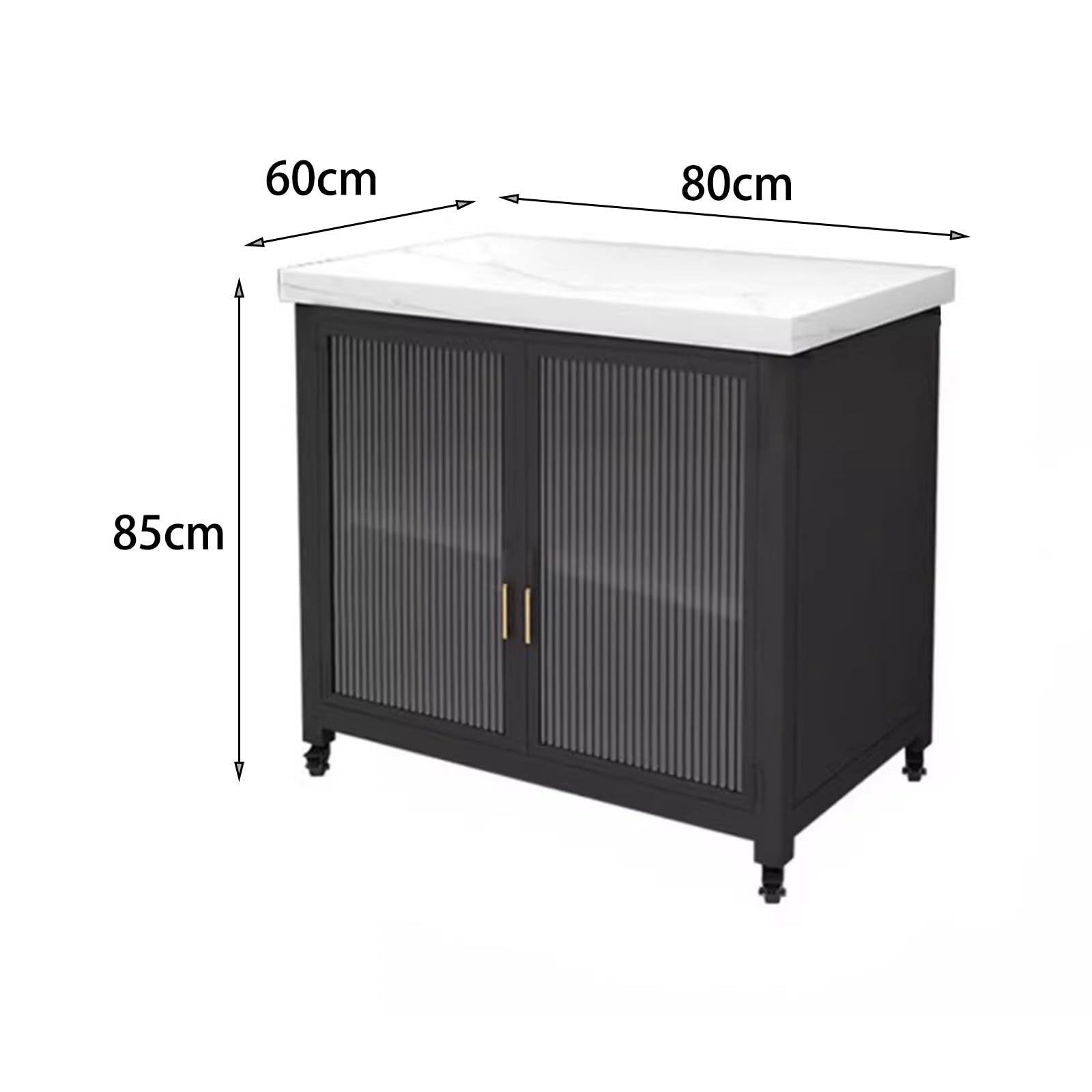 Mobile contenitore per cucina ad isola Armadietto portaoggetti in metallo con isola cucina mobile piano in pietra sinterizzata e anta in vetro scanalato(Bianco,Piccolo)