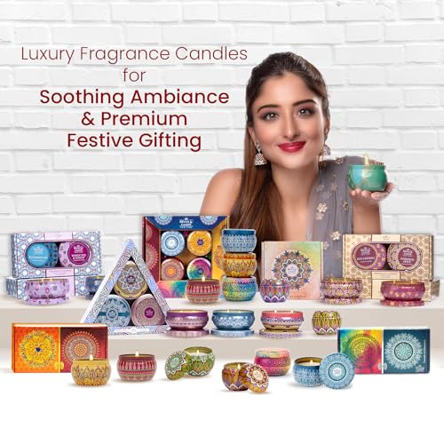 Bryan & Candy Scented Candles Diwali Gift Set for Women & Men, Turquoise Blue | Spiced Apple,60 gm Each Soy Wax Eco Friendly Printed Tin