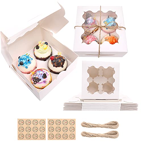MAMUNU 24 Packs Cupcake Boxes with Windows and Inserts Fits 4 Cupcakes, Cupcake Carriers Containers for Cupcakes Muffins Cookies and Pastries, 6.3" x 6.3" x3"