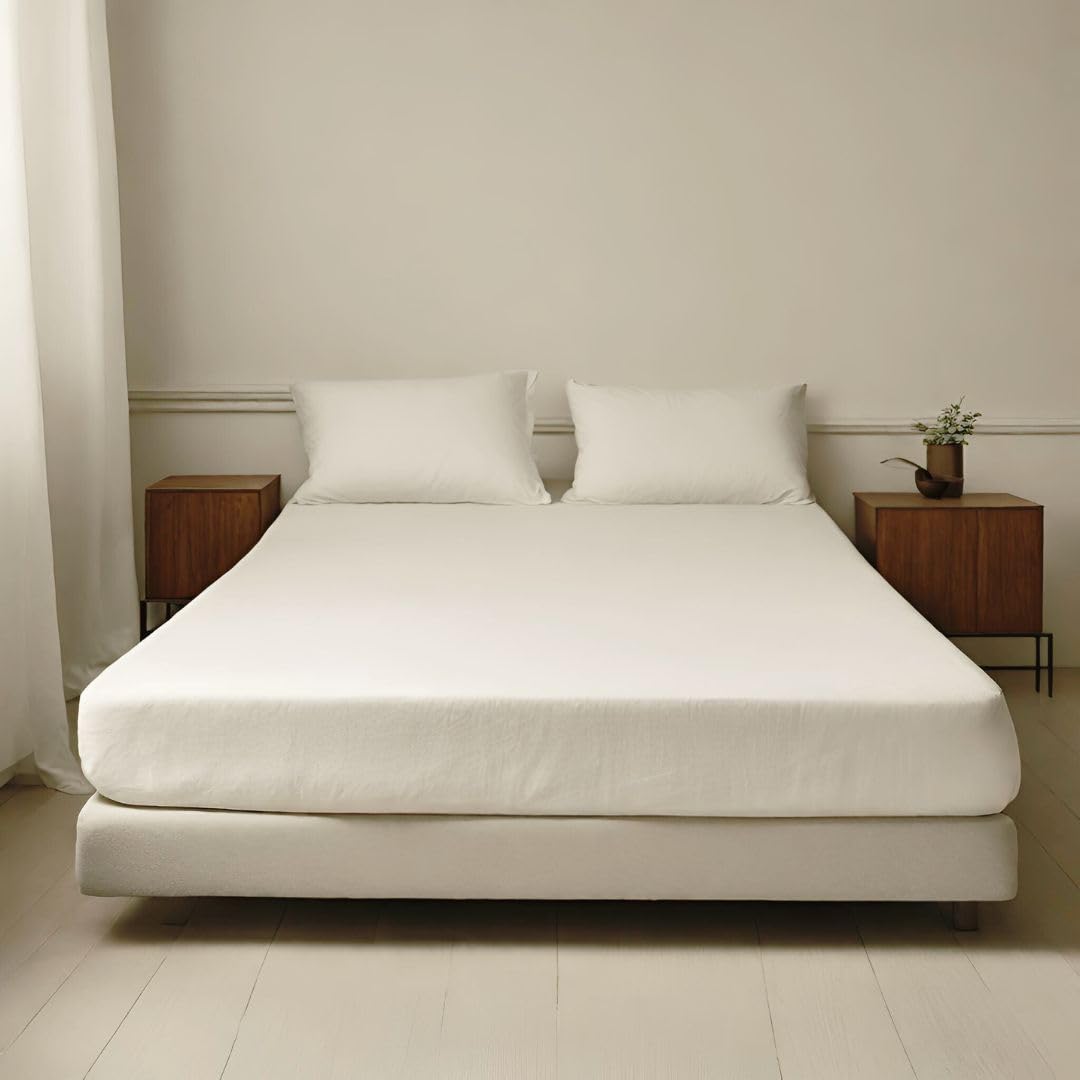 Cuore di lino - Spannbettlaken aus reinem Leinen, 100 % cremeweiß, für Doppelbett (180 x 200 x 30 cm).