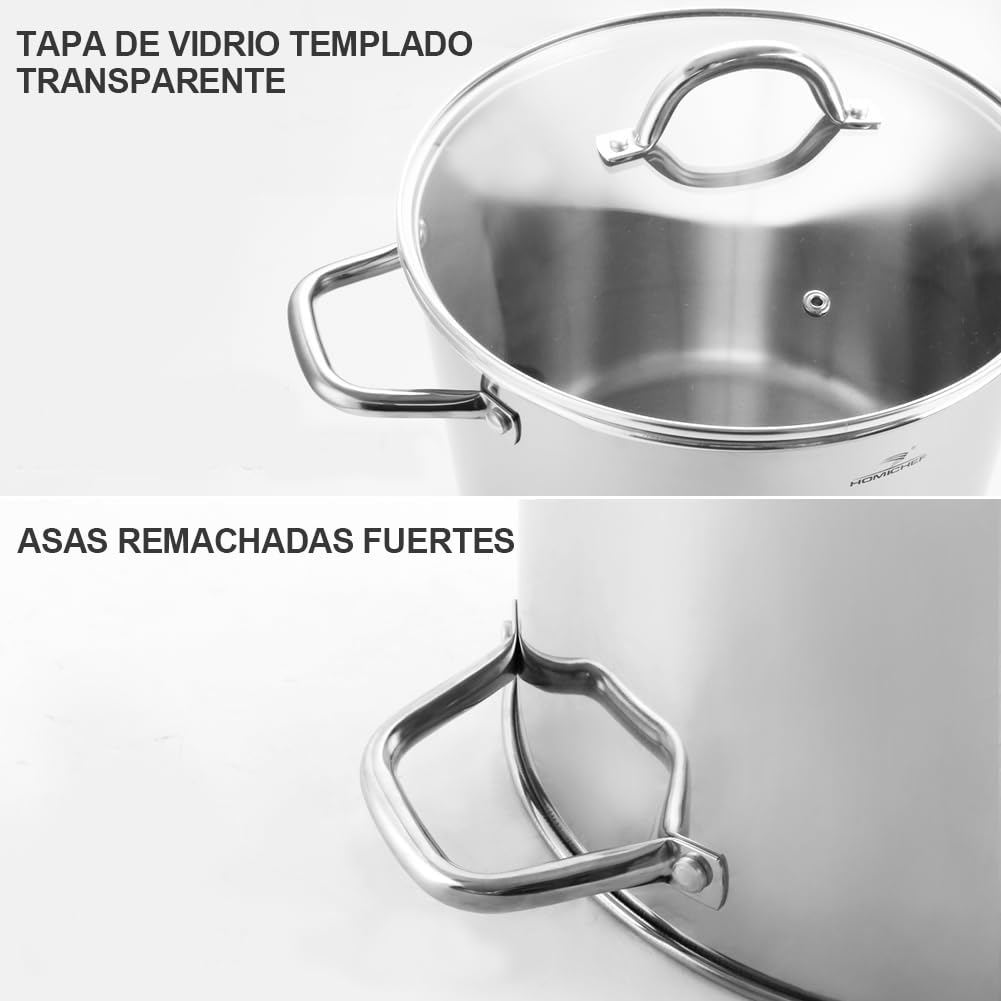 HOMICHEF Olla grande de acero inoxidable sin níquel con tapa (29 cm, 11 litros) - Olla sopera pesada pulida espejo 11L con tapa