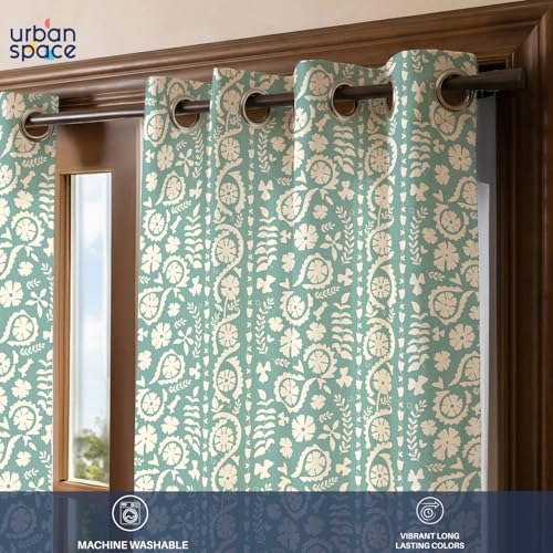 Image of Urban Space 100% Cotton Floral Curtains 5 Feet Long Set of 2, 60-65% Room Darkening, Decorative Curtains with Eyelets /Rings for Hanging, Tieback Included (Dhara Dusty Teal, Window - 5 Feet)