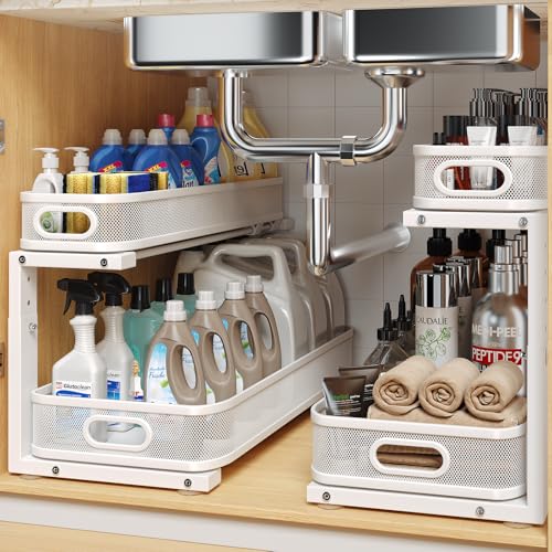 Image of 2 Pack 21.3IN-Depth Under Sink Organizer with Smooth Cylindrical Rail,2-Tier Pull Out Multi-Purpose Cabinet Storage for Bathroom&Kitchen,Height Adjustable,Rust-Resistant Coating-White