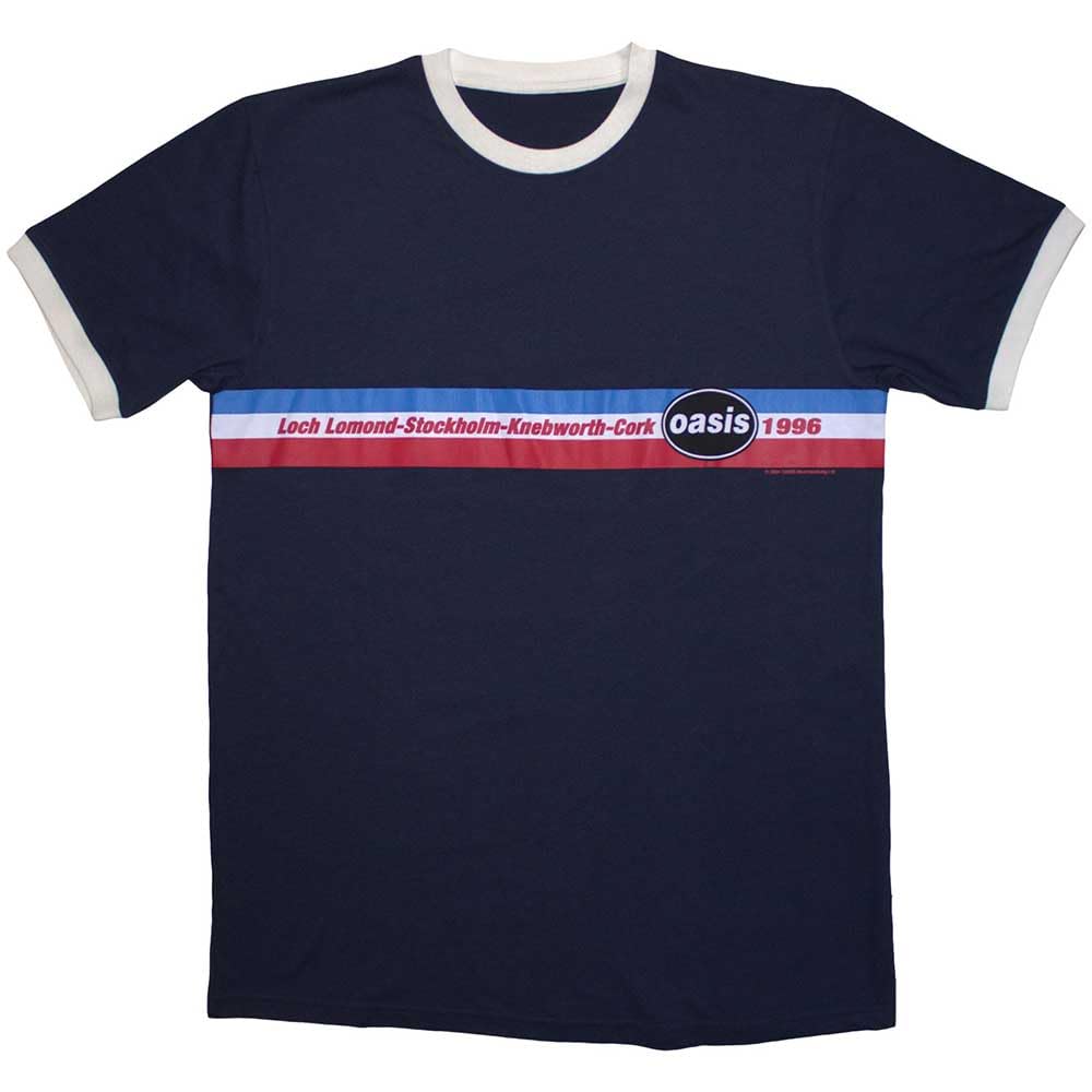 Rock Off Officially Licensed Products Unisex Blue Oasis 1996 Tour Horizontal Stripes Ringer T Shirt L