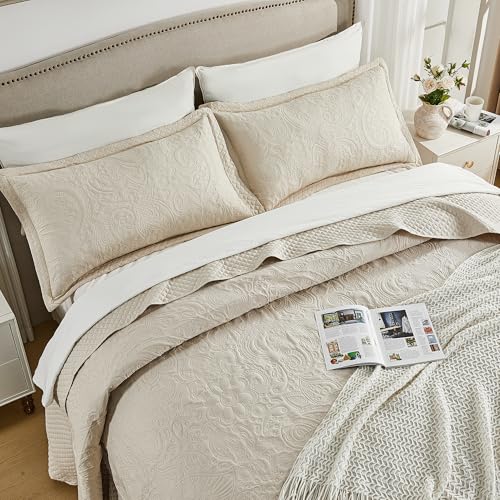 Image of Qucover Oversized King Bedspreads 128x120, Soft Microfiber Ultrasonic Quilting Paisley Pattern California King Quilt Sets Oversized, 3 Piece Oversized Coverlet Bedding, Beige