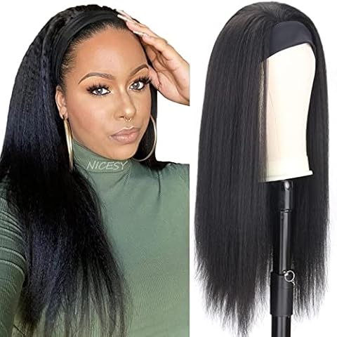 iShine Yaki Headband Wigs for Women Long Black Afro Kinky Straight Wig Natural Looking Synthetic Headband Wigs with Headband Attached Glueless None Lace Front Cover