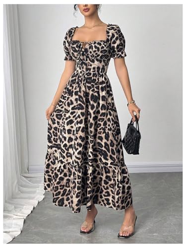 Image of Floerns Women's Floral Short Puff Sleeve Milkmaid Dress Boho A Line Long Dresses