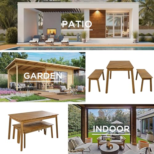 GO 3 Pieces Acacia Wood Table Bench Dining Set for Outdoor & Indoor Furniture with 2 Benches, Picnic Beer Table for Patio, Porch, Garden, Poolside, Natural