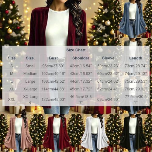 Womens Velvet Long Cardigan Open Front Long Sleeve Fall Jacket Dressy Party - image 5