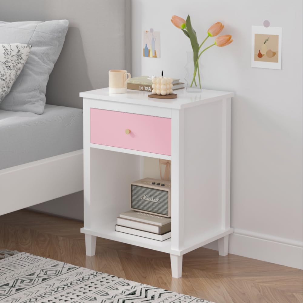 Kids Nightstand, Modern Toddler Nightstand with One Drawer & Open Shelf, Wood End Table for Boys and Girls, Multi-Color Options for Bedroom, Living Room, and Kids' Room Storage (Pink)
