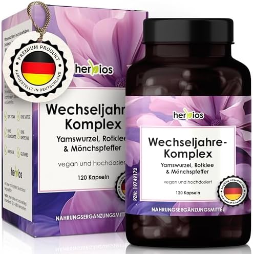 HERBIOS Wechseljahre Komplex mit Yamswurzel, Rotklee & Mönchspfeffer | 120 Kapseln für 2 Monate als Meno Komplex Wechseljahre mit Eisen, Folsäure & B-Vitaminen in veganer, hormonfr