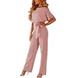 Women's Short Sleeve Jumpsuits Belted Wide Leg Long Pant Romper