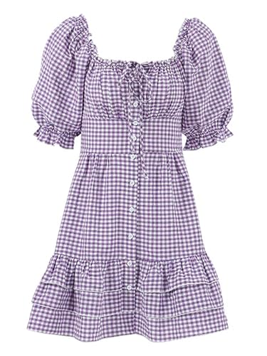 Elegantes lila Puffärmel-Karokleid, Sommer, kurzes, einreihiges Hemdkleid, Damen-Straßenkleid-lila-S