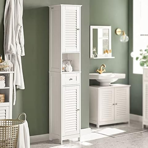 Haotian Tall Narrow Bathroom Storage Cabinet Skinny Storage Cabinet with Shelves and Drawers Freestanding Linen Cabinet with Adjustable Shelves Multifunctional Corner Cabinet,White FRG236-W Cover
