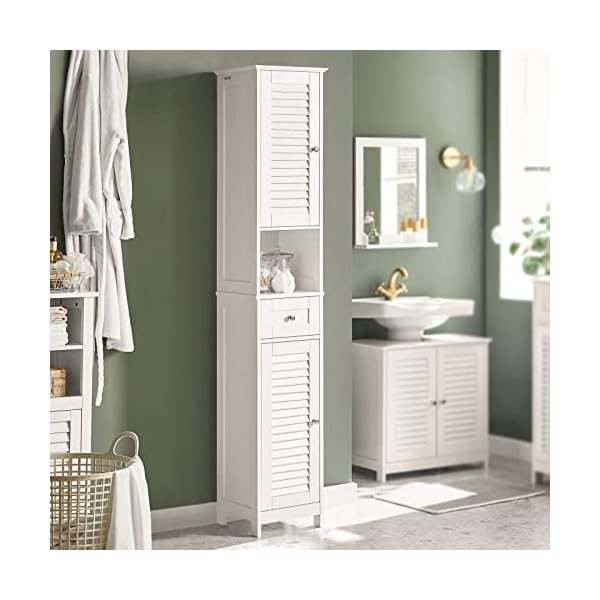Haotian tall bathroom storage cabinet skinny storing unit with drawers freestanding linen cabinet with adjustable shelves multifunctional corner cabinet white frg236 w  urban country home decor
