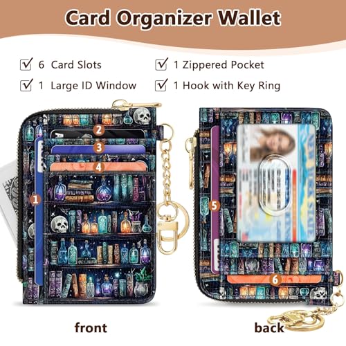 Image of GIANCOMICS Slim Wallet Credit Card Holder Women, Goth Bookshelf Rfid Blocking Small Card Case, Keychain Thin Pocket Curved Zipper Wallet, Travel Card Holder PU Leather ID Window, Ladies Female Gifts