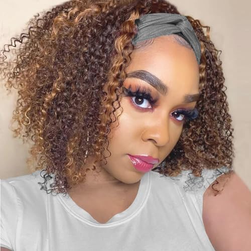 Image of Headband Wig Human Hair Ombre Highlight Kinky Curly for Black Women Curly Headband Wig Human Hair Machine Made Glueless None Lace Front Wigs Brazilian Virgin Wig 4 /27 Color 150% Density 12Inch