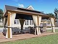 YOLENY 12'x20' Hardtop Gazebo, Wood Grain Aluminum Frame Pergola with Galvanized Steel Roof, Outdoor Metal Gazebos with Curtains and Nettings for Patio, Backyard, Deck and Lawns