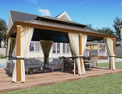 YOLENY 12'x20' Hardtop Gazebo, Wood Grain Aluminum Frame Pergola with Galvanized Steel Roof, Outdoor Metal Gazebos with Curtains and Nettings for Patio, Backyard, Deck and Lawns