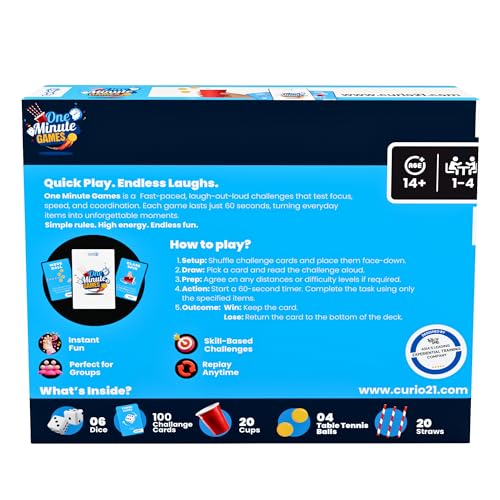 Image of One Minute Games - Fast-Paced Challenge Card Game | 100 Challenge Cards with Dice, Cups, Straws & Balls | Family Party Game for Groups & Teams | 1+ Players | Gift for Kids, Teens & Adults