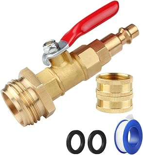 Brass Winterize Adapter with 1/4 Inch Male Quick Connecting Plug and 3/4 Inch Male GHT Thread, Quick Adapter with Ball Valve, Easy Blow Out Water to Winterize, for RV Boat Camper Trailer.