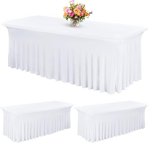 REWOMC Paquete de 2 manteles de mesa de elastano ajustados de 8 pies, color blanco, diseño de una pieza resistente a las arrugas, volantes que se