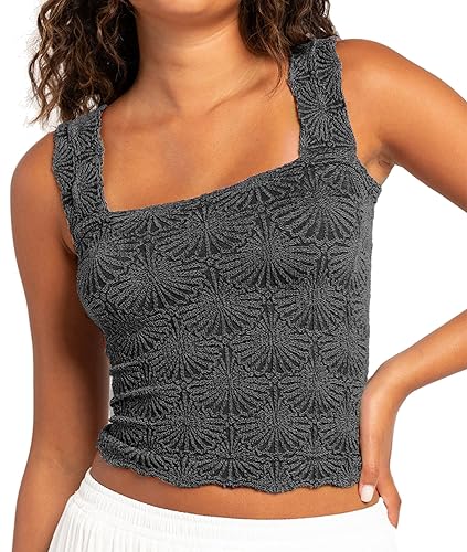 Women's Square Neck Wide Strap Crop Tank Tops Flower Going Out Tops Slim Fit Lettuce Trim Crop Cami Tops