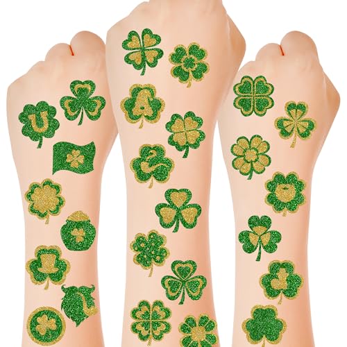 Glitter St Patricks Day Tattoos, 25 Styles Saint Patricks Day Green Gold Shamrock Tattoos with Lucky Clover, Temporary Face Stickers for St Patricks Day Accessories Party Favors
