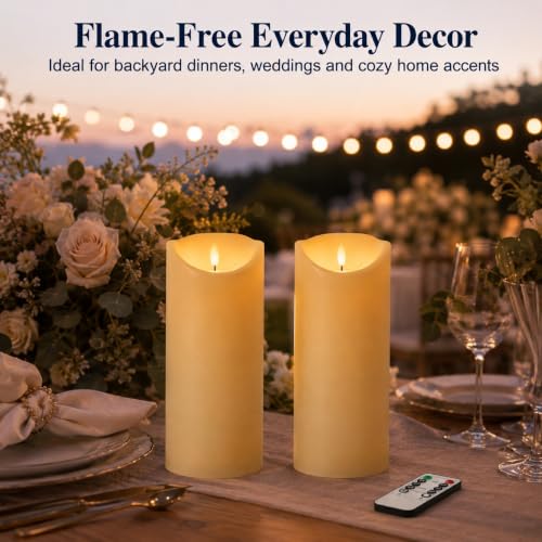 Image of Outdoor Flameless Candles with Remote 9X4 Inch Set of 2 | Warm Ivory Resin, Battery Operated Candles, 2 4 6 8 Hour Timers, Flickering LED Pillar Design for Covered Lanterns