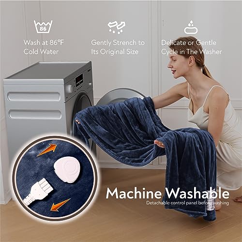 Image of Wapaneus Foot Pocket Heated Blanket Electric Throw with 10 Heating Levels and 4 Timer Settings 4 Hours Auto Shut Off, Flannel Fast-Heating Heated Throw 50 inch x 60 inch, Machine Washable, Dark Blue