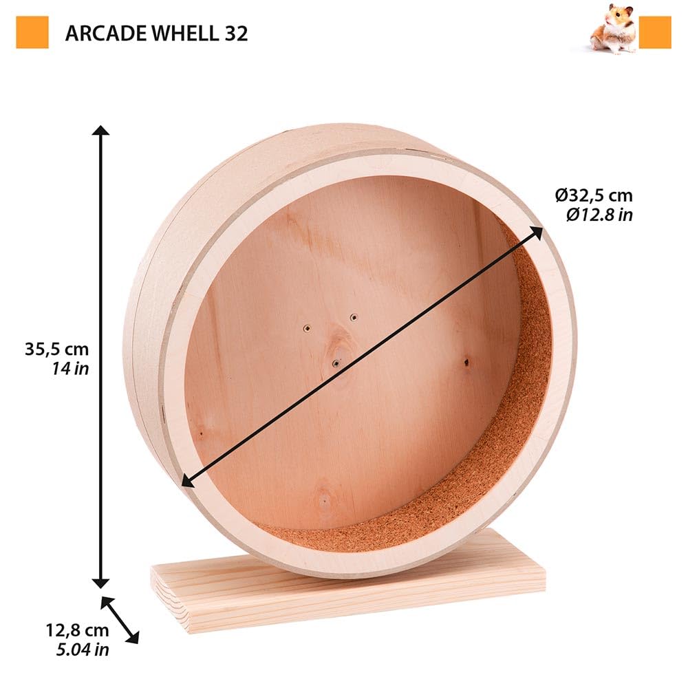Ferplast Ruota Criceto, Accessorio Gabbia per Criceti, Topi Cincilla, Ruota Silenziosa con Antiscivolo, 12,8 x h 35,5 cm, ARCADE WHEEL diametro 32,5 cm, Ruota Gioco Legno per Criceti, Topi Cincillà