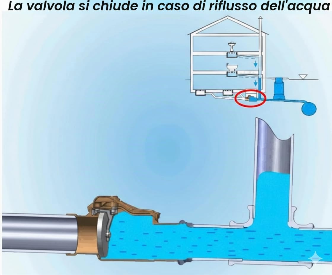 Tappo antiritorno DN125 con doppia patta e chiusura manuale di emergenza – Ø125 per tubi HT & KG – Protezione per ratti con alette in acciaio inox
