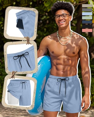 Image of August Alley Men's Linen Shorts with Liner Summer 5 Inch Casual Elastic Waist Drawstring 2 in 1 Beach Shorts with Pockets