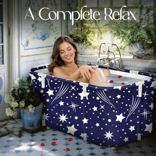 Image of Lexara Portable Folding Bathtub for Bathroom - Large Freestanding Soaking Tub with Thick Insulated, Ice & Hot Spa Tub, Collapsible Cold Plunge Therapy, Muscle Recovery Tub (Star Blue Bathtub)
