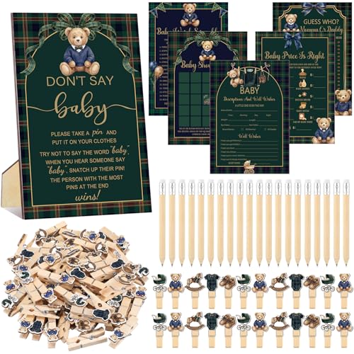 Image of Patelai 321 Pcs Luxury Equestrian Bear Baby Shower Decorations 5 Set Blue Green Tartan Plaid Party Supplies Bingo Game Don't Say Sign Clothespin for Berry Sweet Gender Reveal Vintage Party Supplies