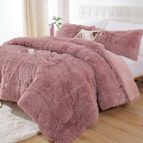 Smoofy Fluffy Queen Comforter Set, Faux Fur Comforter Set Queen Size, Luxury Fuzzy Bedding Set, Soft Shaggy Bed Set for All Season, 3 Pieces - 1 Comforter & 2 Pillowcases, Violet Pink
