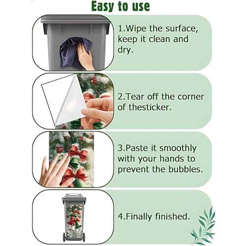 Image of 2 PC Trash Can Sticker 14.57 x 32.28 Inch Red and Green Christmas Bell Design Vinyl Sticker with Ribbon Pine Leaf and Snowflake Pattern for Outdoor Garbage Bin Yard Garden Driveway Home Holiday Decor