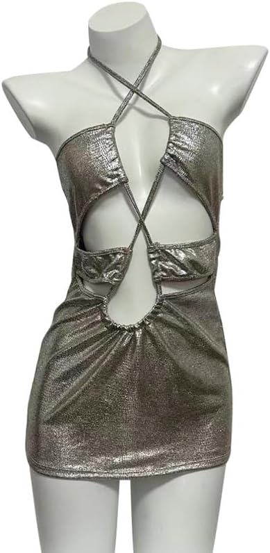 ZYTC Sexy Costume Outfit for Women Babydoll Lingerie Cosplay Costumes Halter Sleeveless Nightwear Dress Silver - Image 4