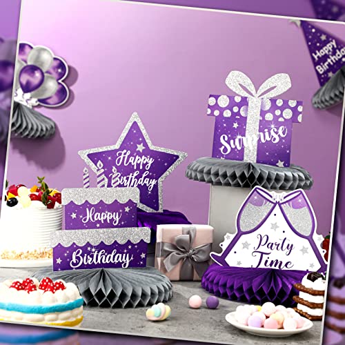 8 Pcs Birthday Centerpiece Table Decoration, Happy Birthday Honeycomb Centerpieces Purple And Silver Party Honeycomb Decorations Birthday Table Toppers For Girls Kids Men Women Party Supplies #TOP6